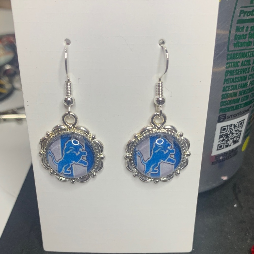 Silver and Blue Dangle Earrings Detroit Lions